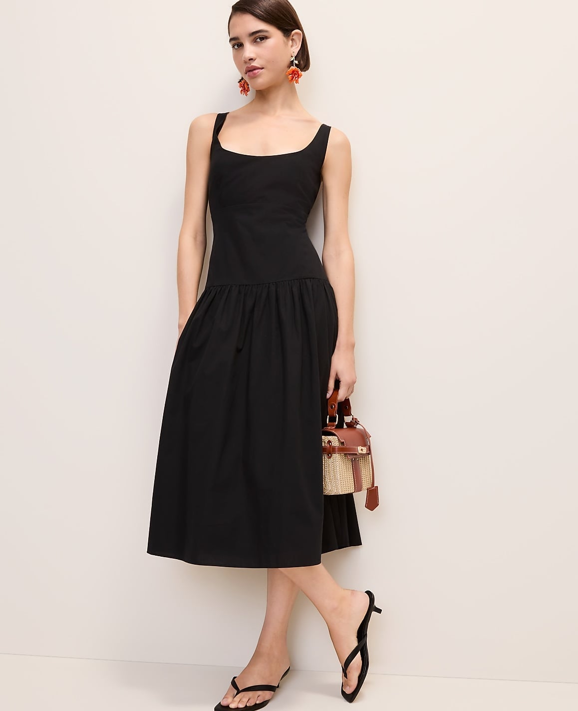 Black Sleeveless Midi Dress With Flared Skirt — Trendy Drop Waist Dresses