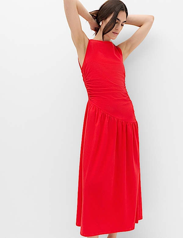 Red Ruched Drop Waist Dress With Flowing Skirt — Trendy Drop Waist Dresses