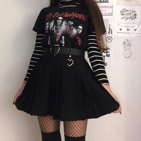 Striped Long-Sleeve Under Band T-Shirt With A-Line Skirt Striped Long-Sleeve Under Band T-Shirt With A-Line Skirt — Trendy Emo Style