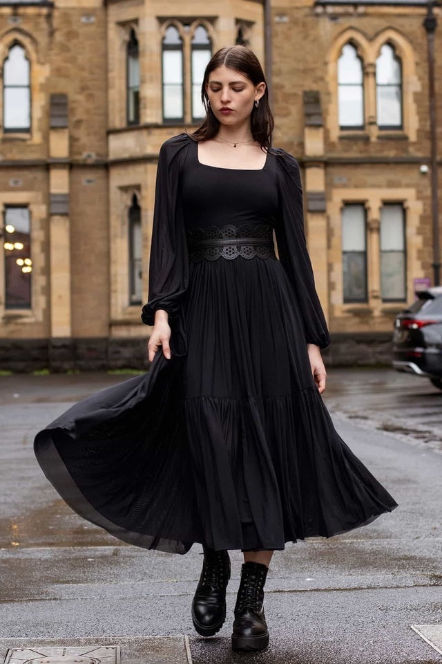 Tiered Black Dress with Cutout Belt Tiered Black Dress with Cutout Belt — Trendy Emo Style