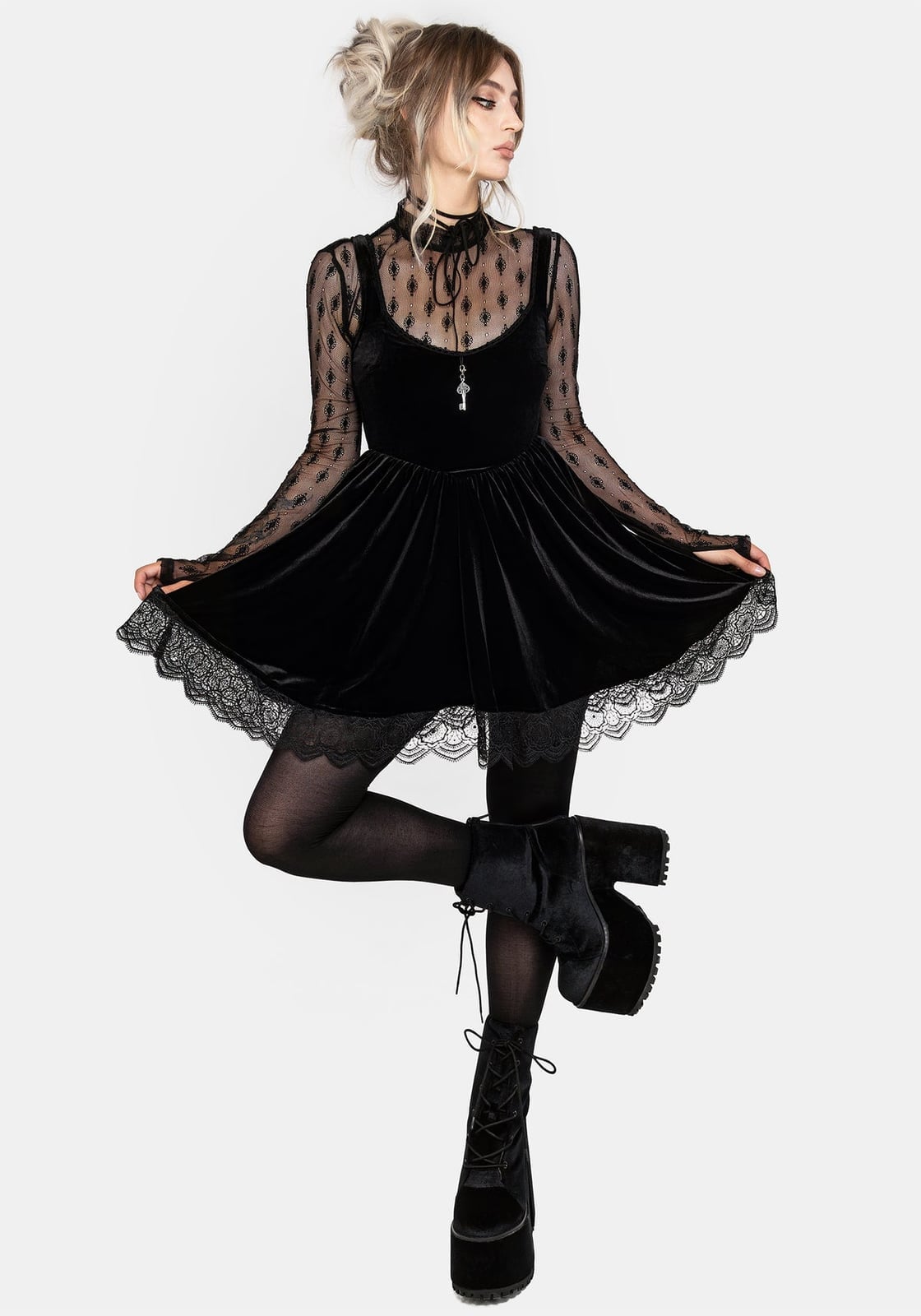 Velvet Mini Dress with Lace Trim Velvet Mini Dress with Lace Trim — Trendy Emo Style
