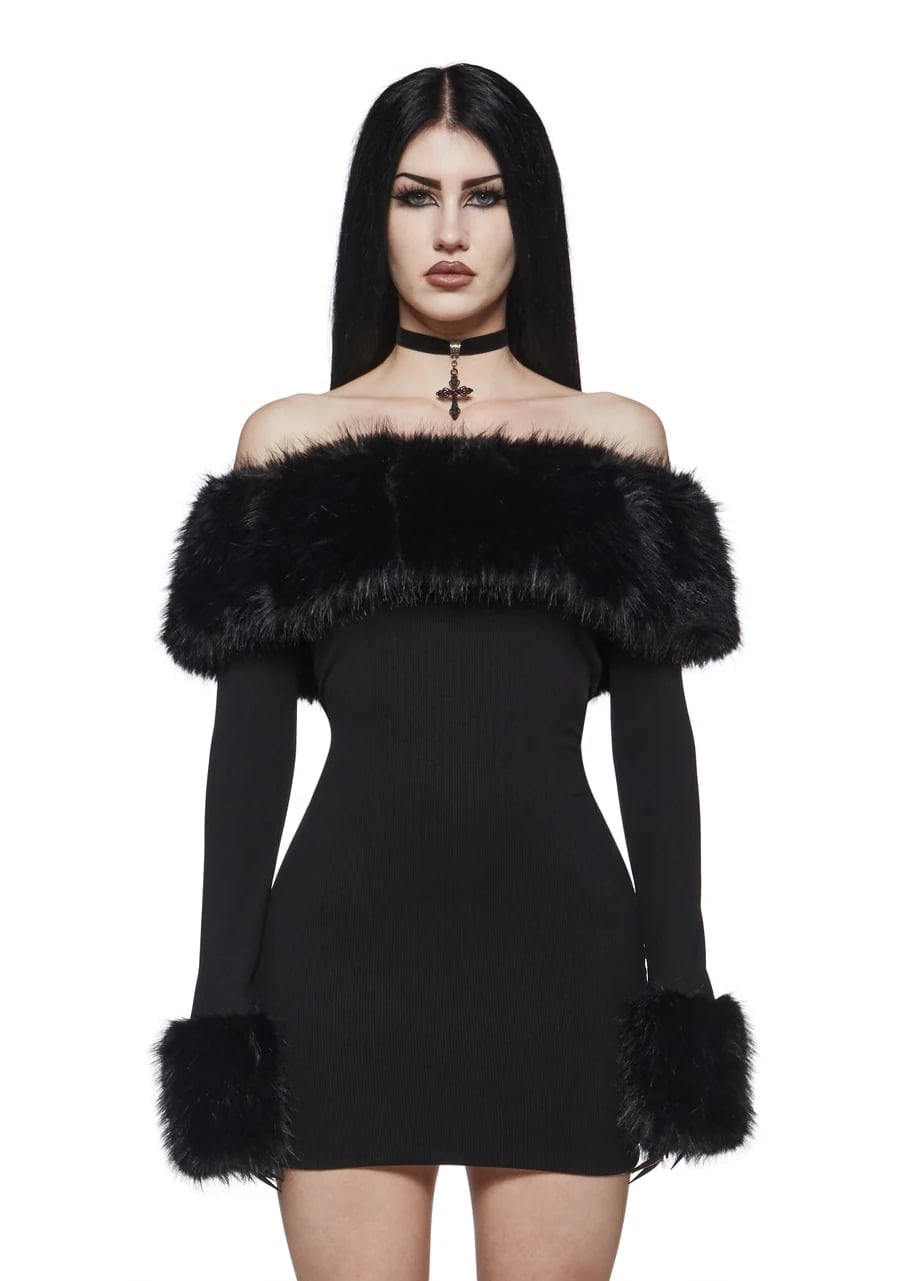 Off-the-shoulder Dress with Faux Fur Trim Off-the-shoulder Dress with Faux Fur Trim — Trendy Emo Style