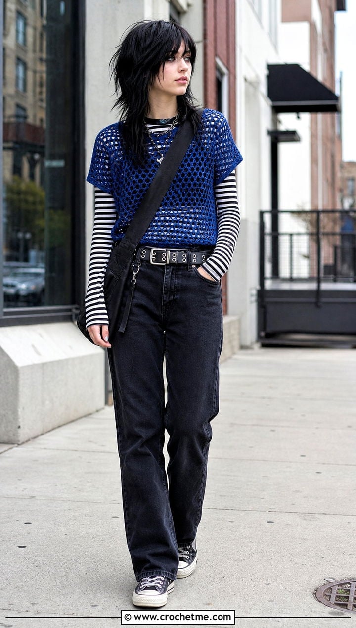 Blue Mesh Top Over Striped Long-Sleeve Blue Mesh Top Over Striped Long-Sleeve — Trendy Emo Style