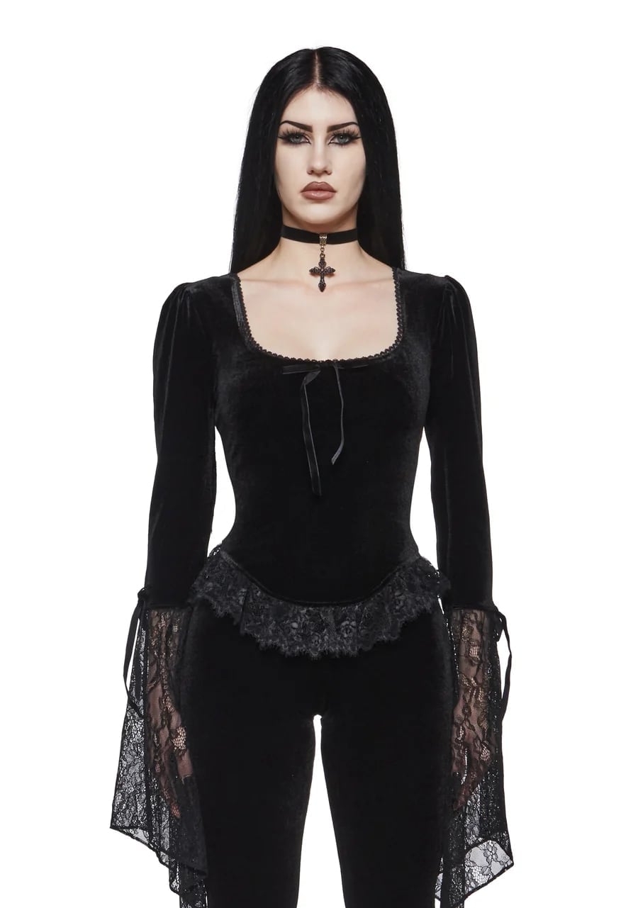 Velvet Top with Lace Trim Sleeves Velvet Top with Lace Trim Sleeves — Trendy Emo Style