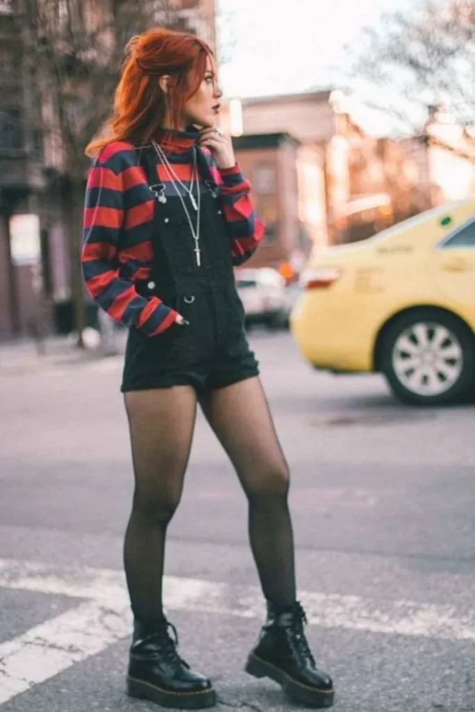 Denim Short Overalls with Striped Turtleneck Denim Short Overalls with Striped Turtleneck — Trendy Emo Style