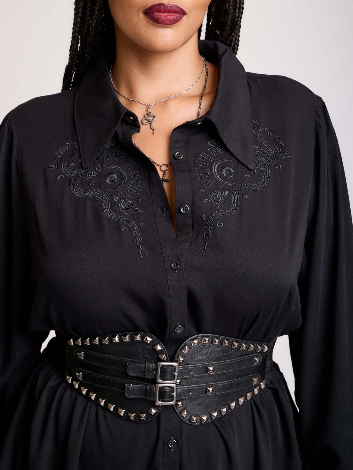 Embroidered Dress with Studded Leather Belt Embroidered Dress with Studded Leather Belt — Trendy Emo Style