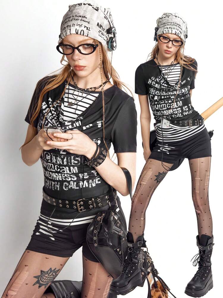 Graphic T-Shirt with Distressed Fishnet Tights Graphic T-Shirt with Distressed Fishnet Tights — Trendy Emo Style