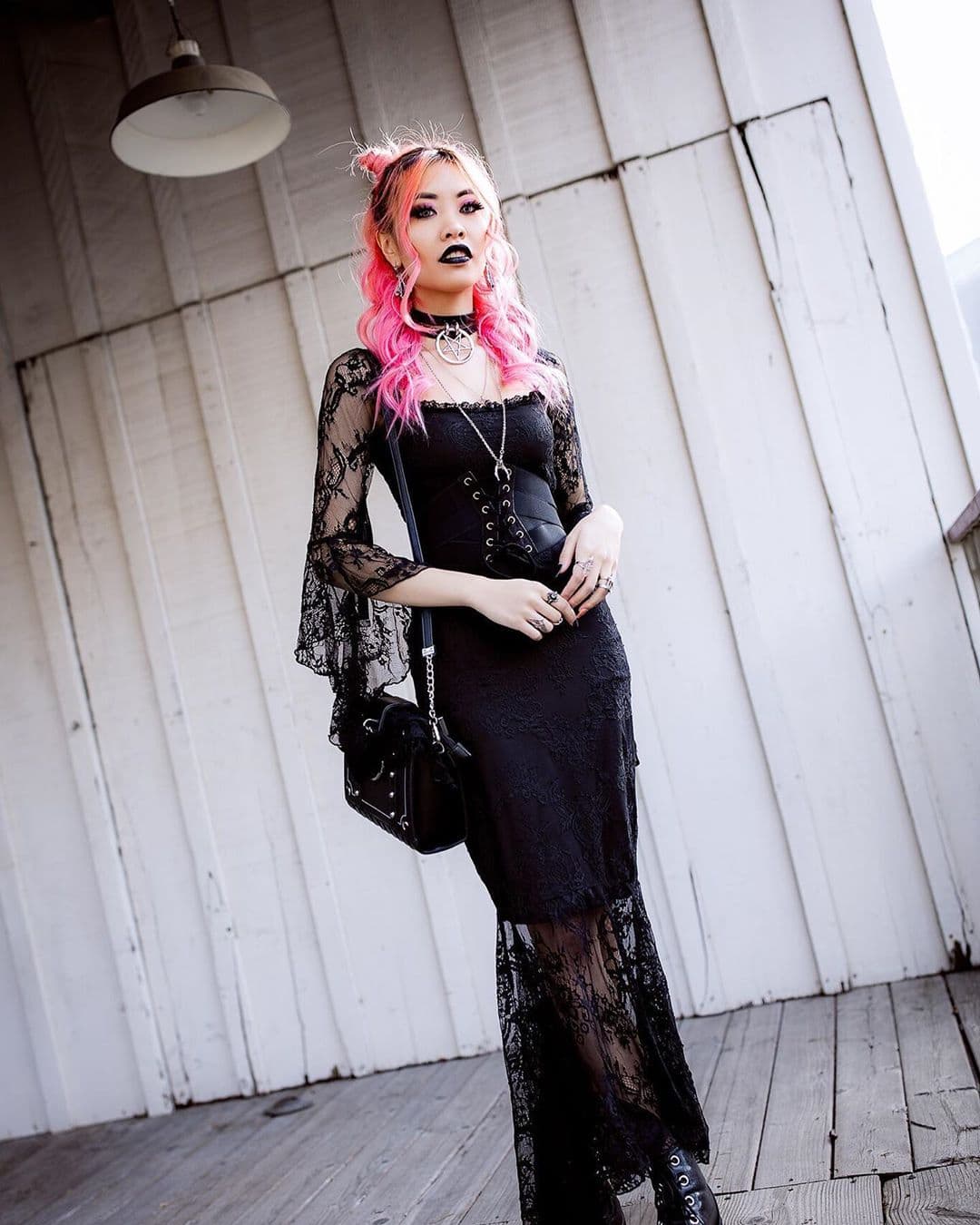 Lace Dress with Bell Sleeves and Corset Belt Lace Dress with Bell Sleeves and Corset Belt — Trendy Emo Style