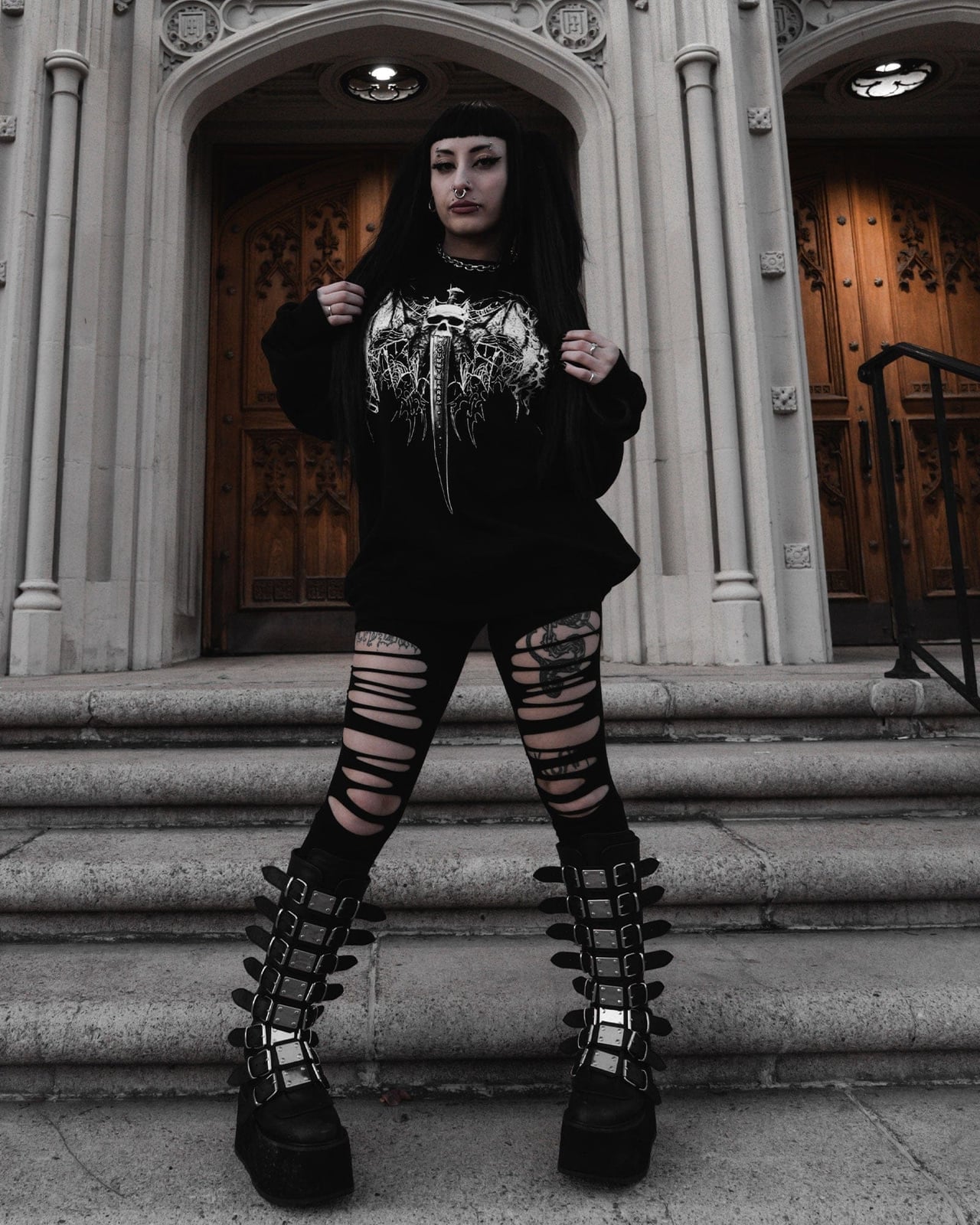 Graphic Hoodie with Distressed Ripped Leggings Graphic Hoodie with Distressed Ripped Leggings — Trendy Emo Style
