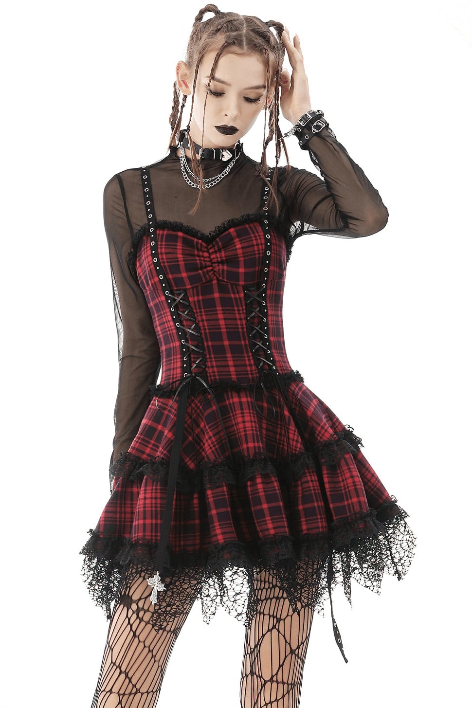 Plaid Mini Dress with Mesh Long-Sleeve Plaid Mini Dress with Mesh Long-Sleeve — Trendy Emo Style