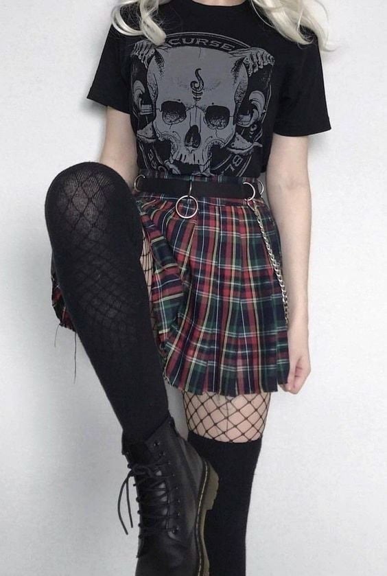 Graphic T-Shirt with Plaid Mini Skirt Graphic T-Shirt with Plaid Mini Skirt — Trendy Emo Style