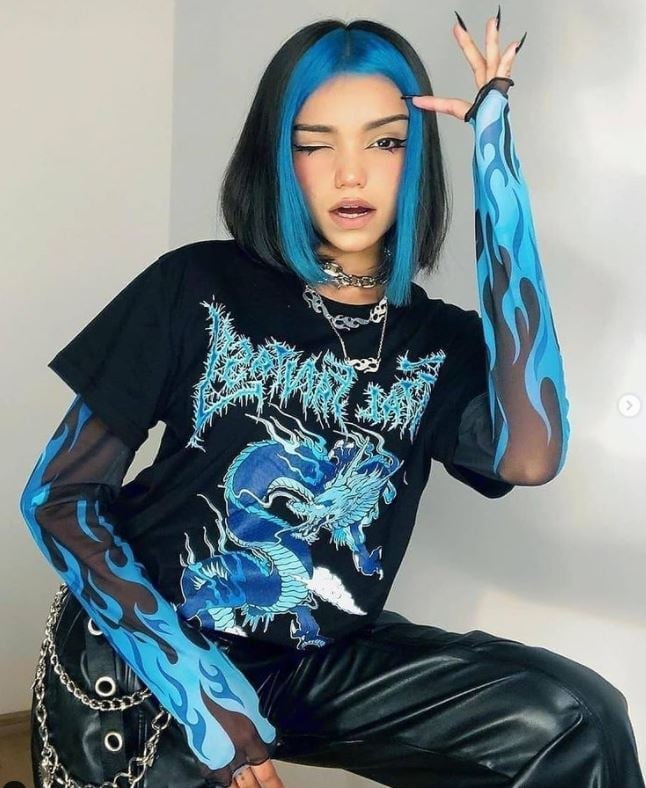 Graphic T-Shirt with Blue Flame Mesh Sleeves Graphic T-Shirt with Blue Flame Mesh Sleeves — Trendy Emo Style