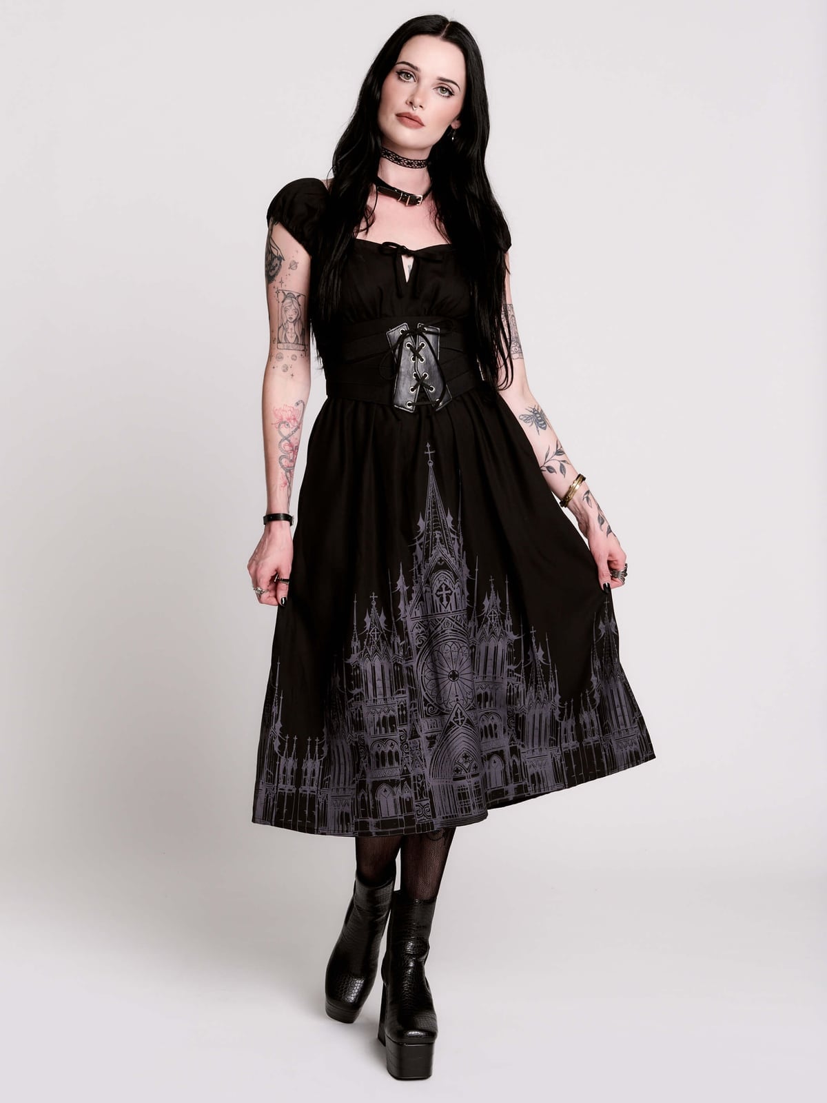Gothic Print Midi Dress with Corset Belt Gothic Print Midi Dress with Corset Belt — Trendy Emo Style