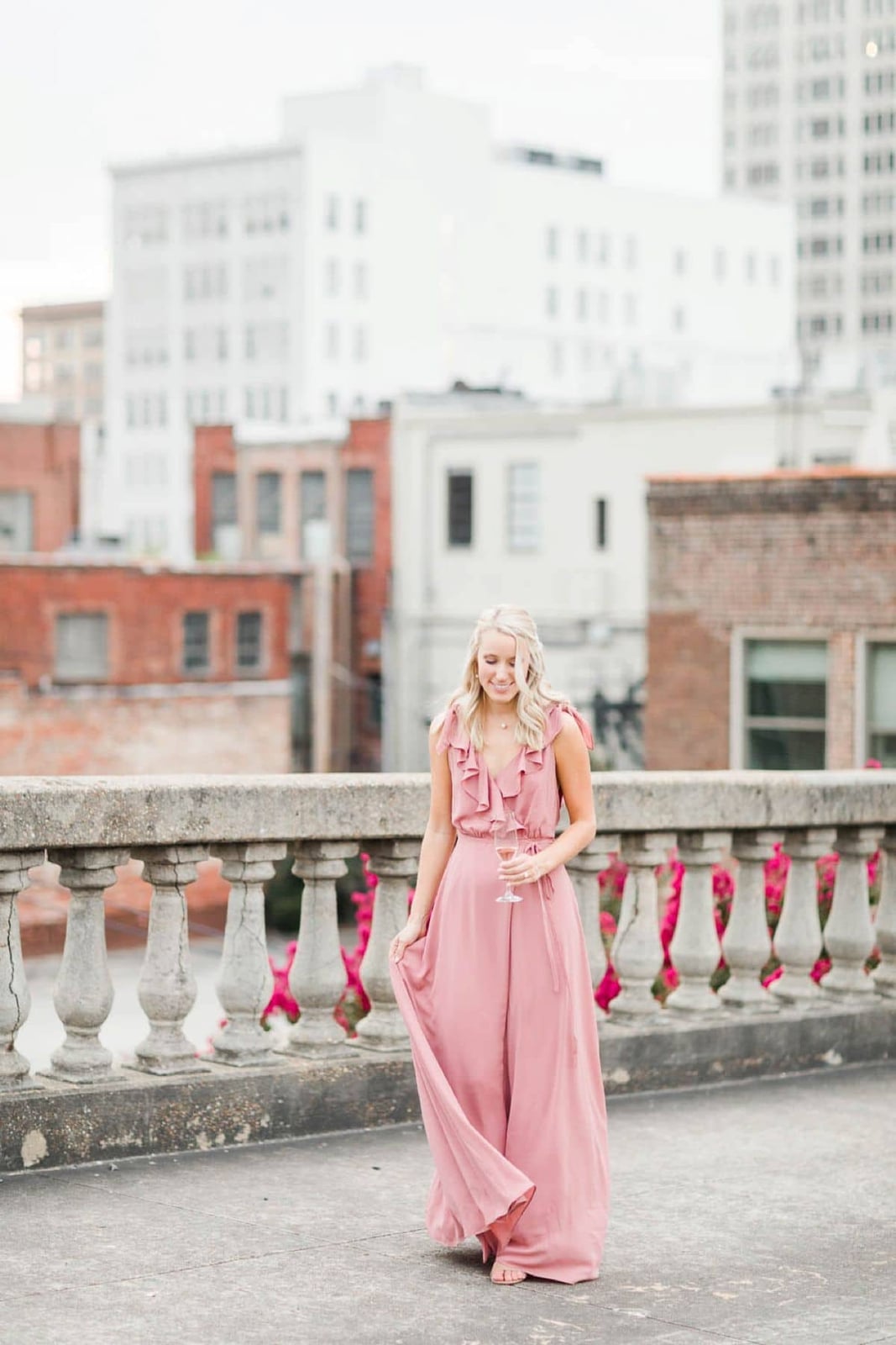 Pink Ruffled Maxi Jumpsuit with Wide Legs Pink Ruffled Maxi Jumpsuit with Wide Legs — Trendy Engagement Photos Outfits