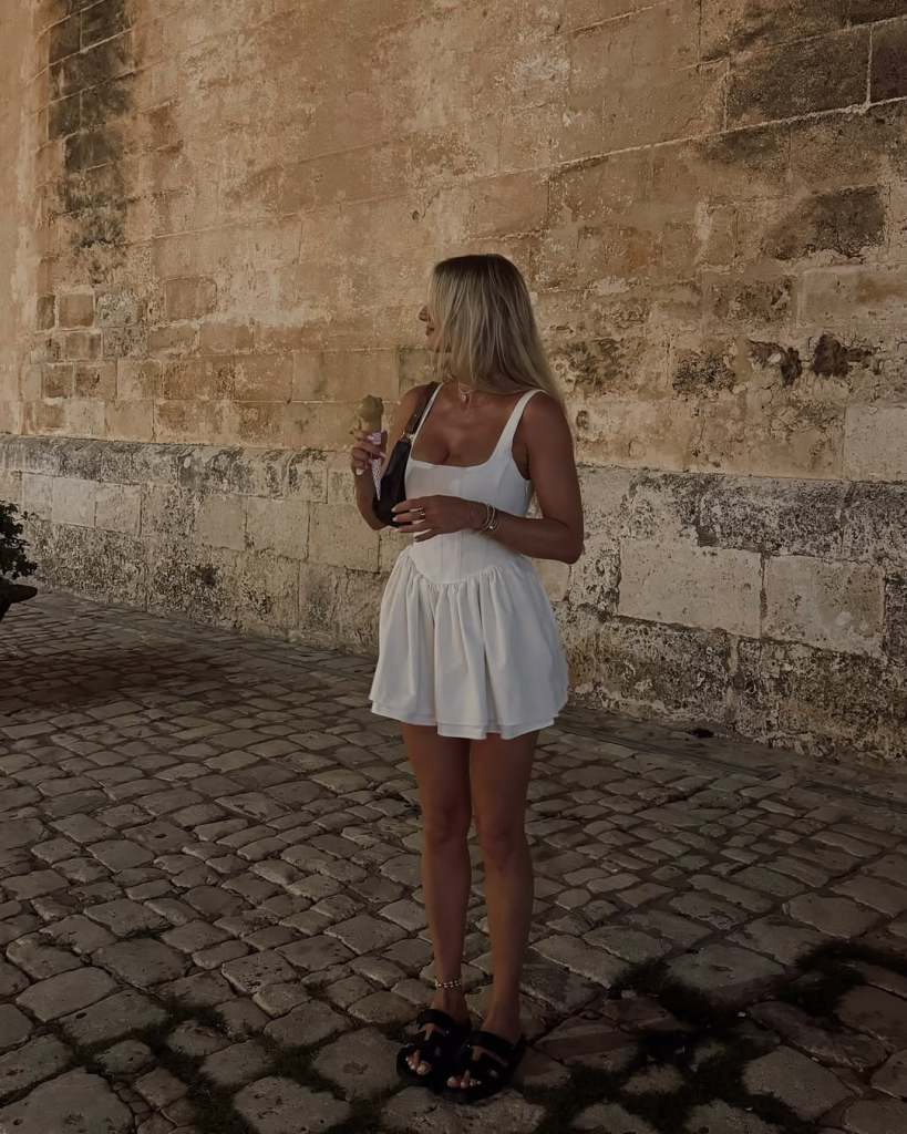 White Sleeveless Mini Dress with Square Neckline White Sleeveless Mini Dress with Square Neckline — Trendy Engagement Photos Outfits