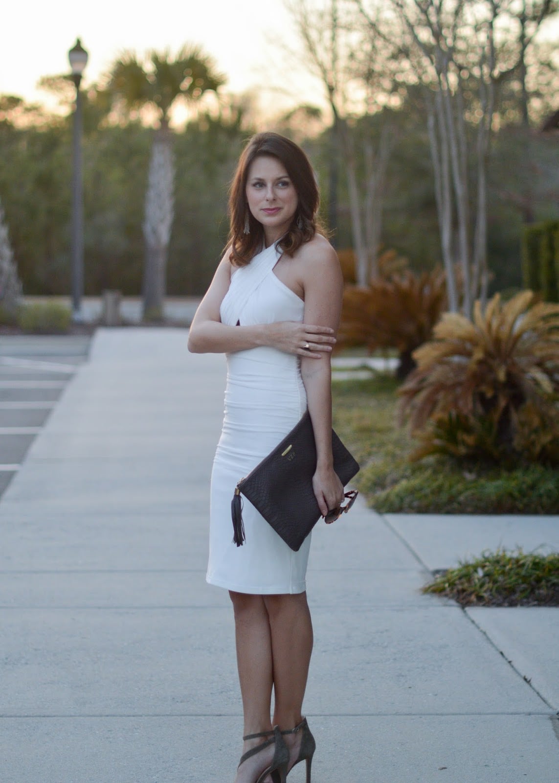 White Fitted Dress with Asymmetrical Neckline White Fitted Dress with Asymmetrical Neckline — Trendy Engagement Photos Outfits