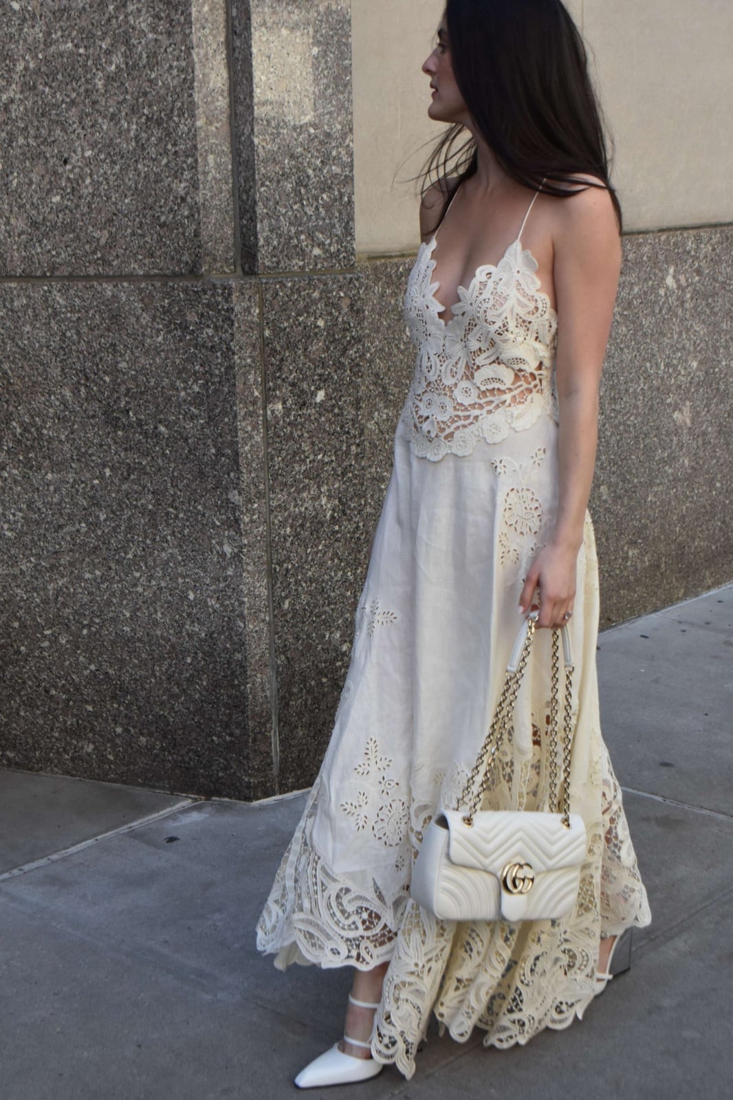 White Lace Maxi Dress with Pointed Heels White Lace Maxi Dress with Pointed Heels — Trendy Engagement Photos Outfits