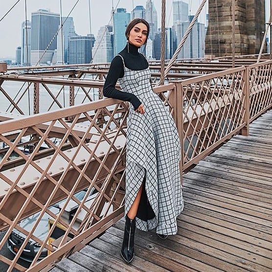 Plaid Slip Dress Over Turtleneck with Zip-Up Boots Plaid Slip Dress Over Turtleneck with Zip-Up Boots — Trendy Engagement Photos Outfits