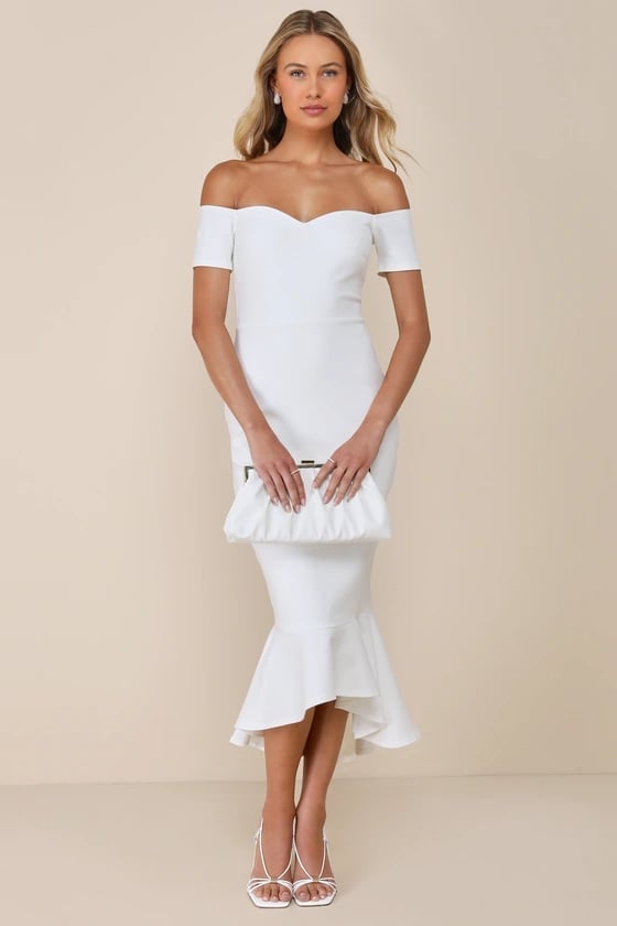 White Off-Shoulder Dress with Sweetheart Neckline White Off-Shoulder Dress with Sweetheart Neckline — Trendy Engagement Photos Outfits
