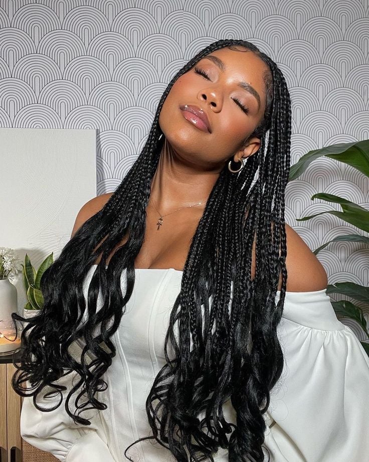 Mid-Back Black Braids With Curly Ends Mid-Back Black Braids With Curly Ends — Trendy Extensions Hair