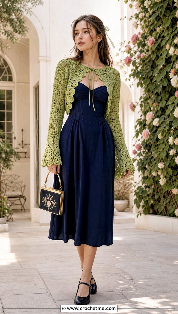 Lime Green Crochet Cardigan Over Navy Midi Dress Lime Green Crochet Cardigan Over Navy Midi Dress — Trendy Fairycore Outfits