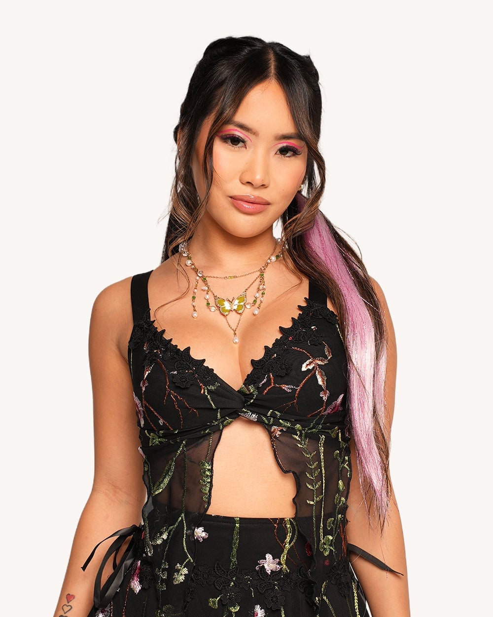 Embroidered Sheer Top With Butterfly Detail Embroidered Sheer Top With Butterfly Detail — Trendy Fairycore Outfits