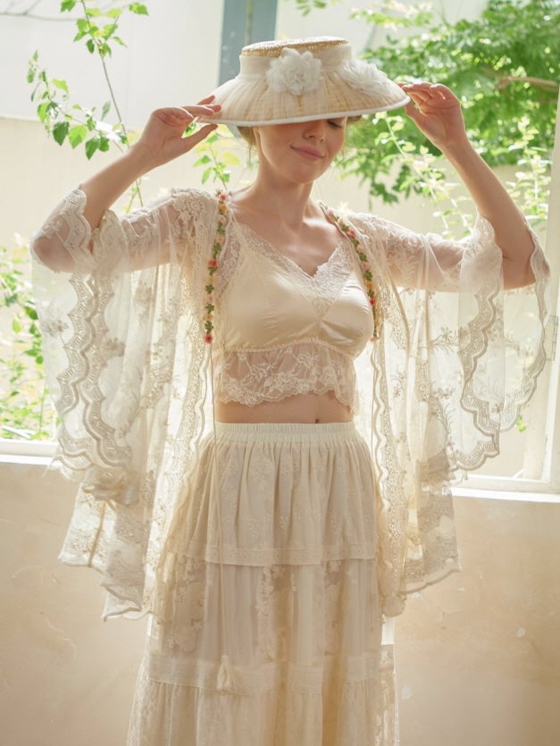 Sheer Lace Kimono Over Lace Set Sheer Lace Kimono Over Lace Set — Trendy Fairycore Outfits
