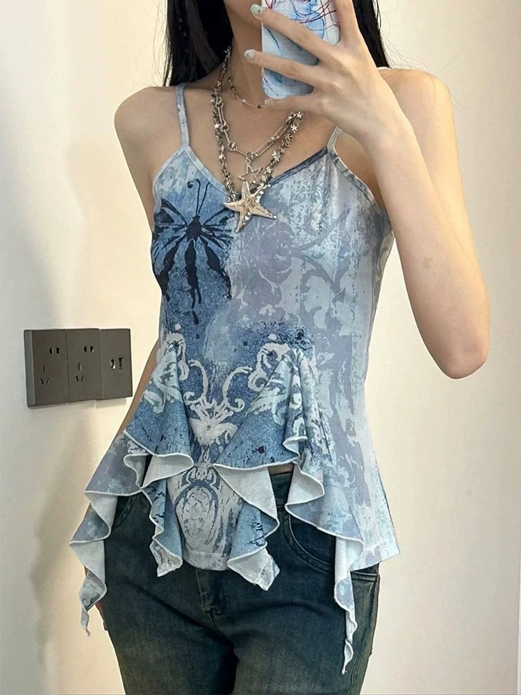 Butterfly Graphic Camisole With Ruffled Peplum Butterfly Graphic Camisole With Ruffled Peplum — Trendy Fairycore Outfits