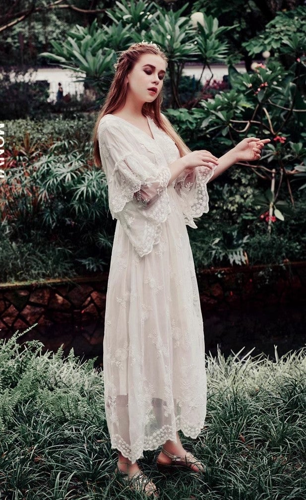 Ethereal White Lace Dress With Bell Sleeves Ethereal White Lace Dress With Bell Sleeves — Trendy Fairycore Outfits