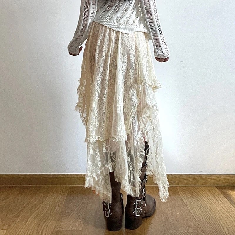 Cream Lace Midi Skirt With Distressed Knit Top Cream Lace Midi Skirt With Distressed Knit Top — Trendy Fairycore Outfits