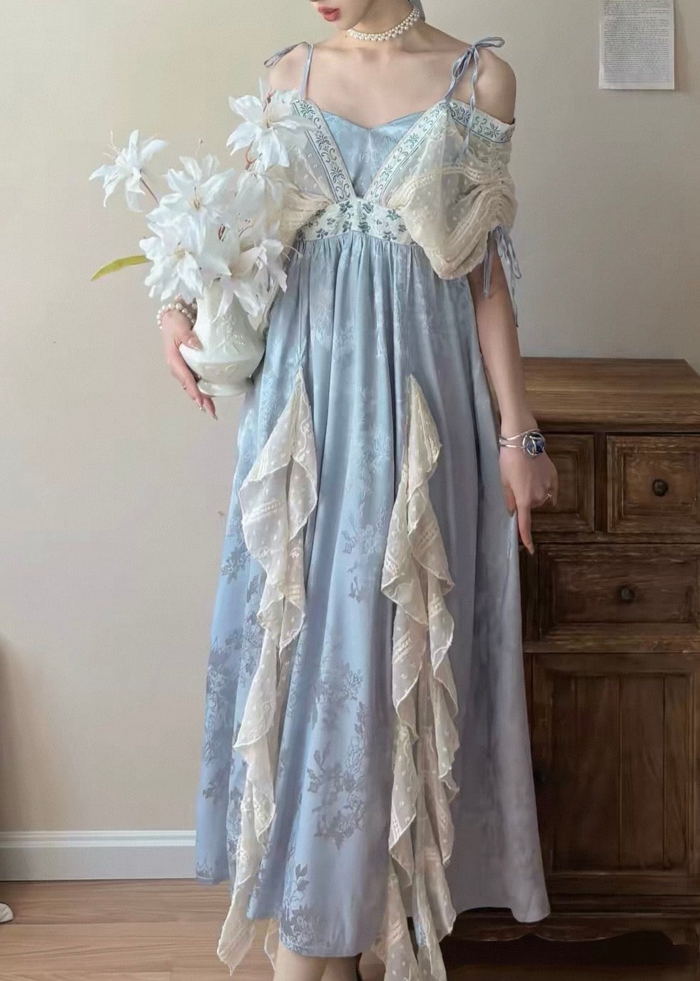 Light Blue Lace Trim Dress With Cream Ruffles Light Blue Lace Trim Dress With Cream Ruffles — Trendy Fairycore Outfits