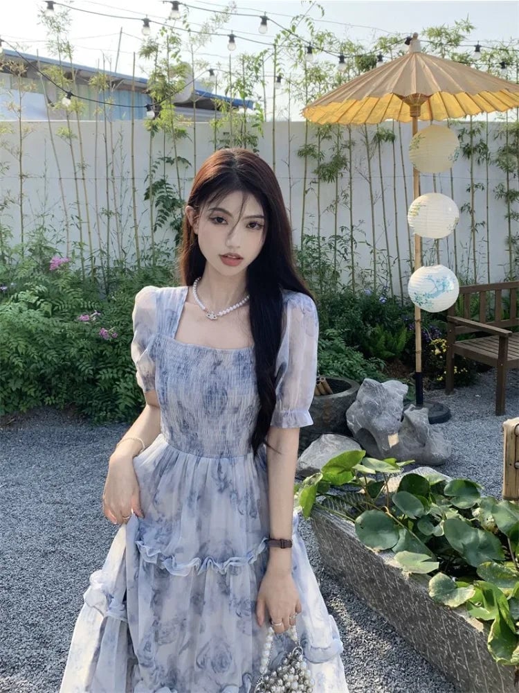 Floral Print Tiered Chiffon Dress With Puff, Office-Safe Version Floral Print Tiered Chiffon Dress With Puff, Office-Safe Version — Trendy Fairycore Outfits