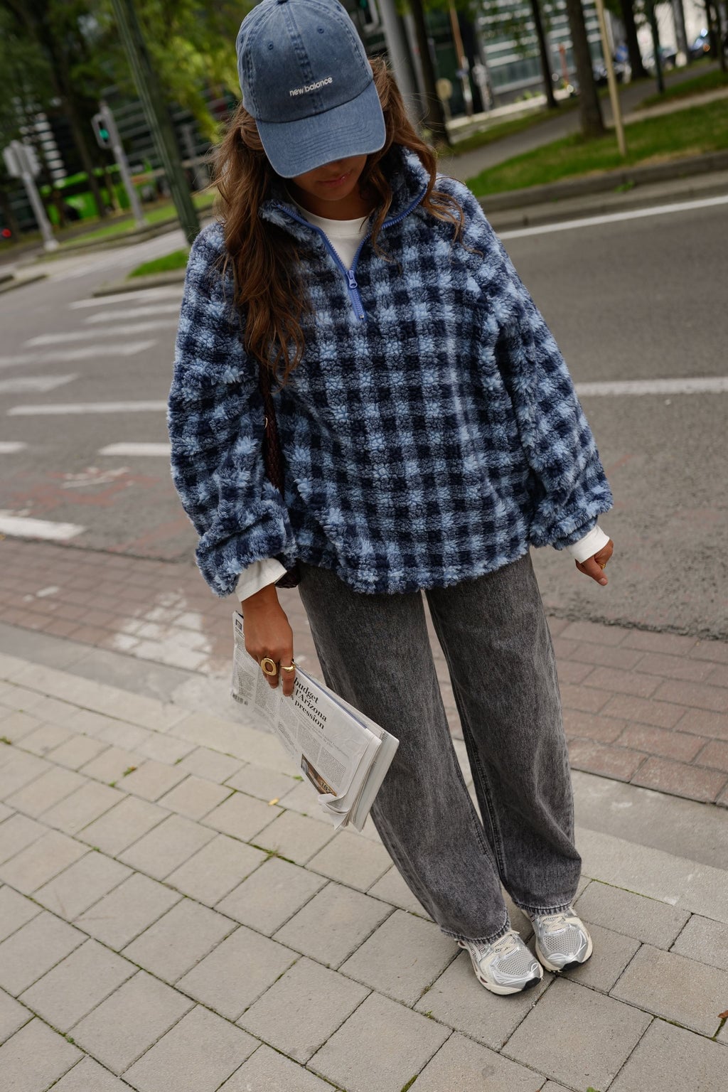 Blue Plaid Fleece Pullover with Gray Trousers Blue Plaid Fleece Pullover with Gray Trousers — Trendy Fleece Outfits