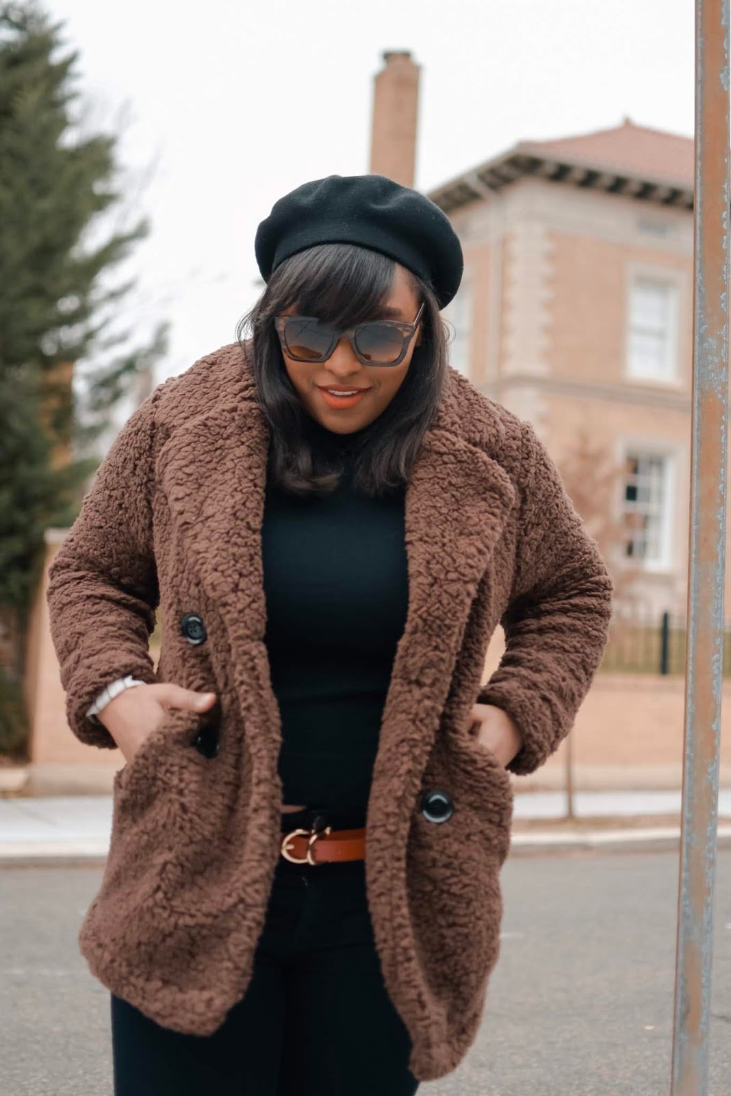 Brown Teddy Fleece Coat with Beret Brown Teddy Fleece Coat with Beret — Trendy Fleece Outfits