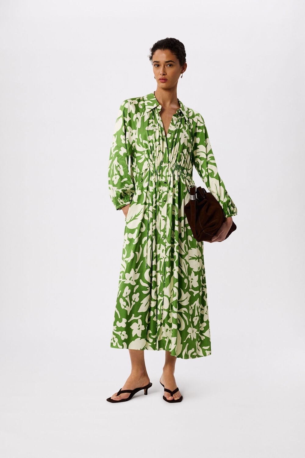 Green and White Abstract Floral Midi Shirt Dress Green and White Abstract Floral Midi Shirt Dress — Trendy Floral Dress