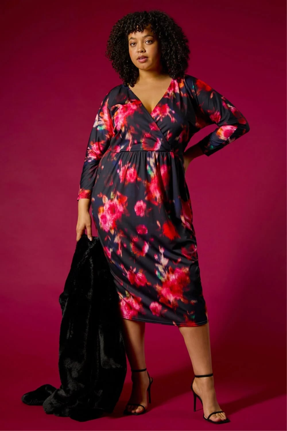Black Red and Pink Abstract Floral Wrap Midi Dress Black Red and Pink Abstract Floral Wrap Midi Dress — Trendy Floral Dress