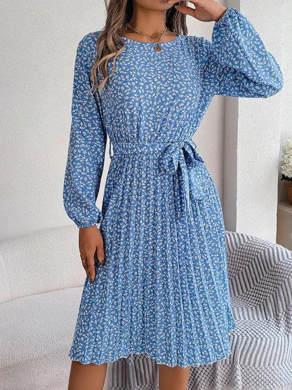 Blue Small White Floral Print Tie Waist Midi Dress Blue Small White Floral Print Tie Waist Midi Dress — Trendy Floral Dress