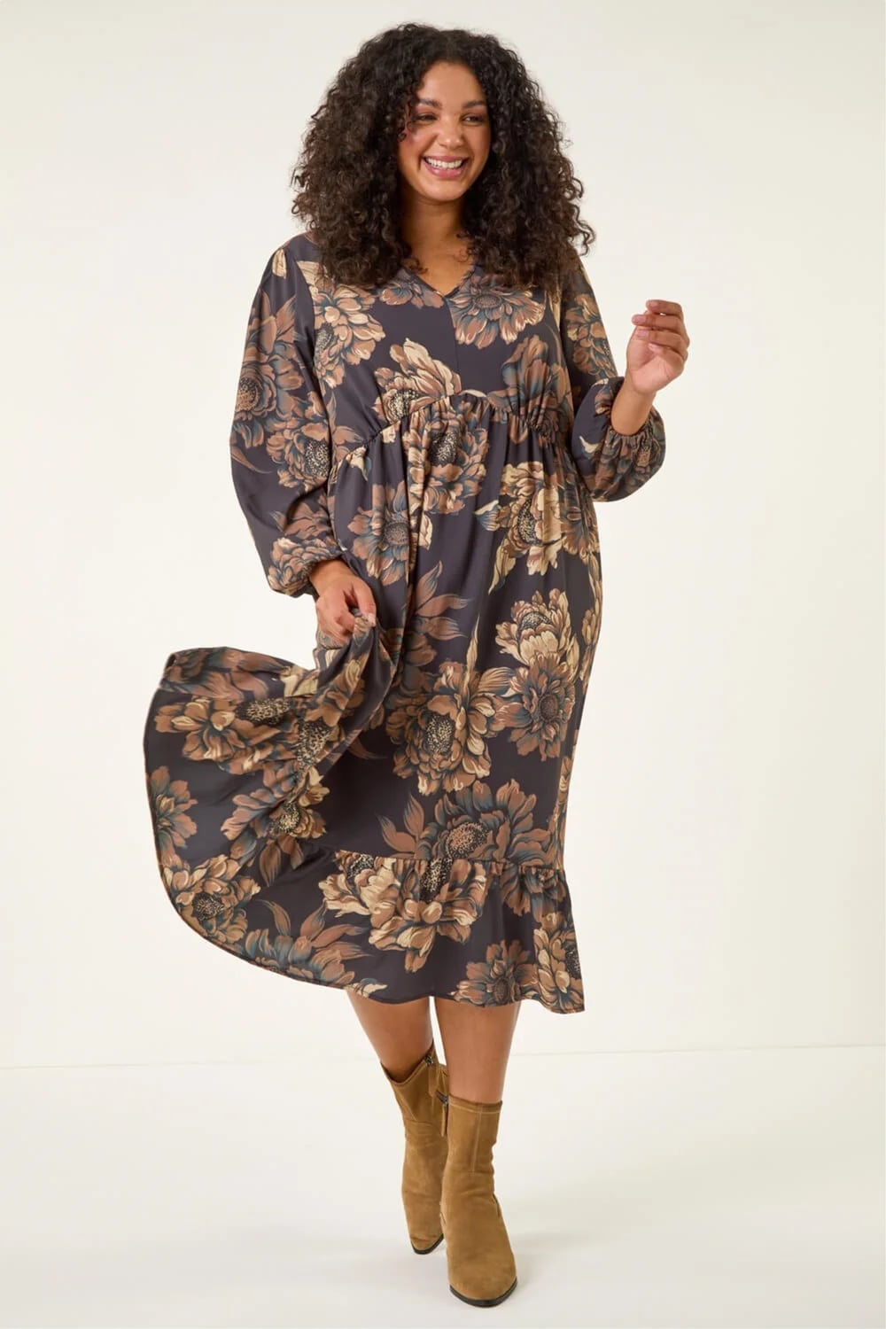 Charcoal Beige and Brown Large Floral Print Midi Dress Charcoal Beige and Brown Large Floral Print Midi Dress — Trendy Floral Dress