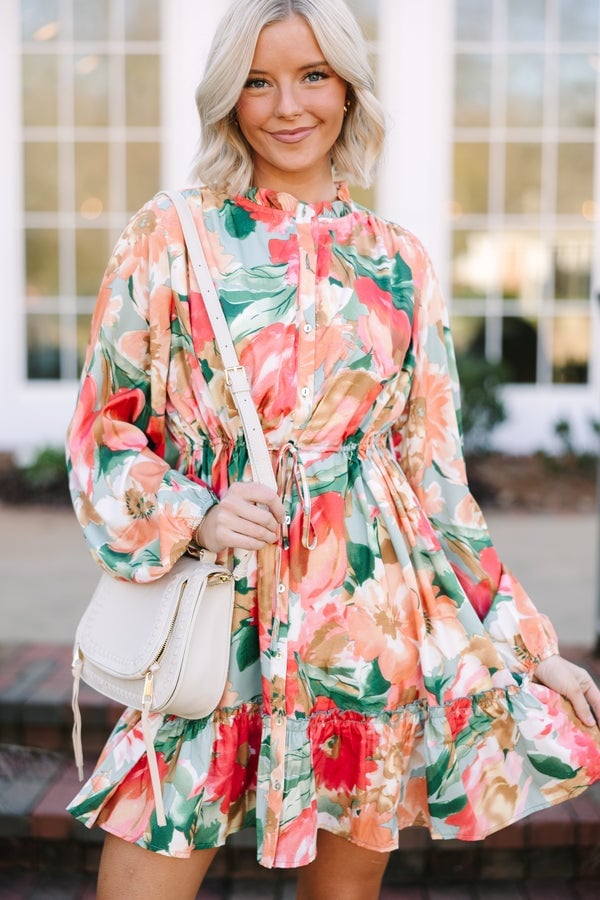 Green Pink and Orange Floral Long Sleeve Mini Dress Green Pink and Orange Floral Long Sleeve Mini Dress — Trendy Floral Dress