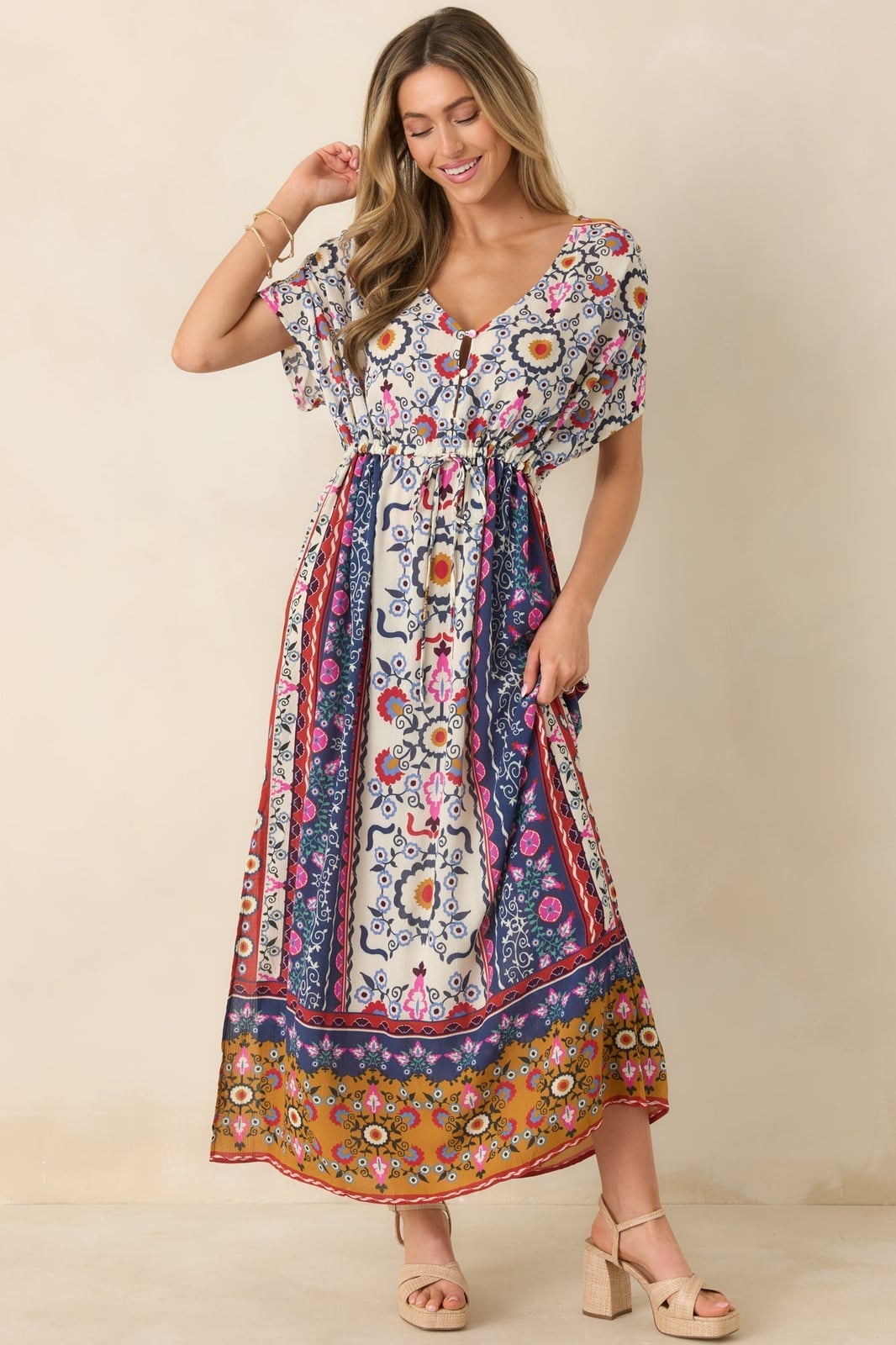 Cream Navy Pink and Orange Mixed Print Maxi Dress Cream Navy Pink and Orange Mixed Print Maxi Dress — Trendy Floral Dress
