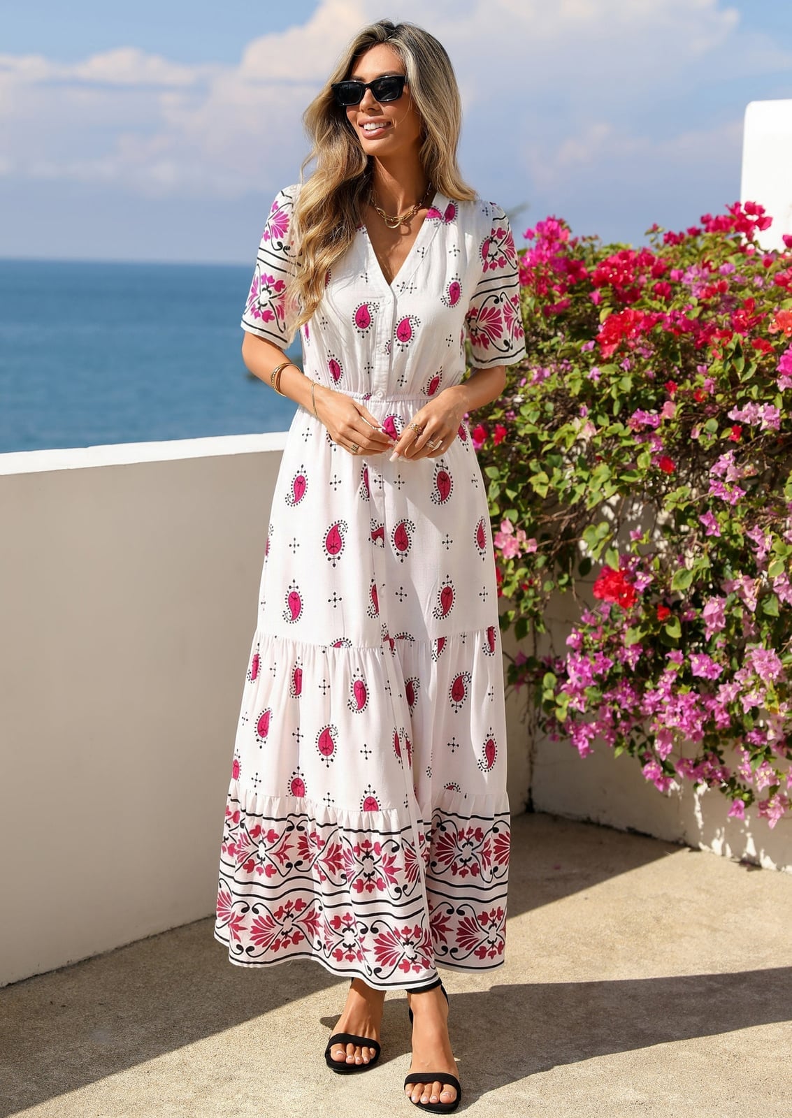 White Pink and Black Paisley Print Maxi Dress White Pink and Black Paisley Print Maxi Dress — Trendy Floral Dress