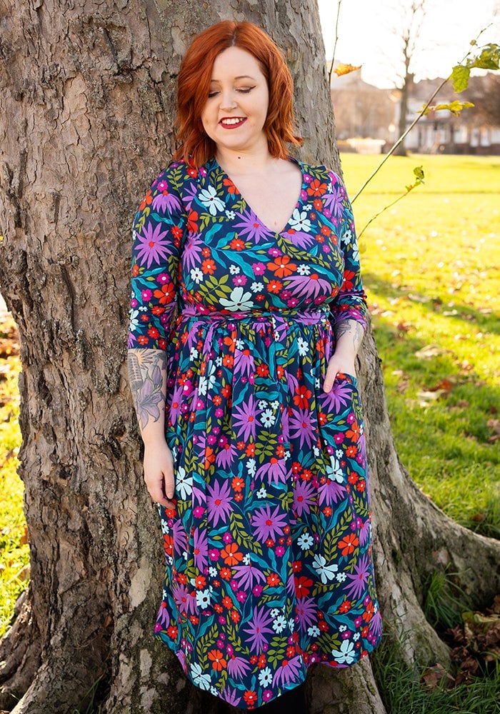 Navy Purple Orange and White Floral Wrap Midi Dress Navy Purple Orange and White Floral Wrap Midi Dress — Trendy Floral Dress