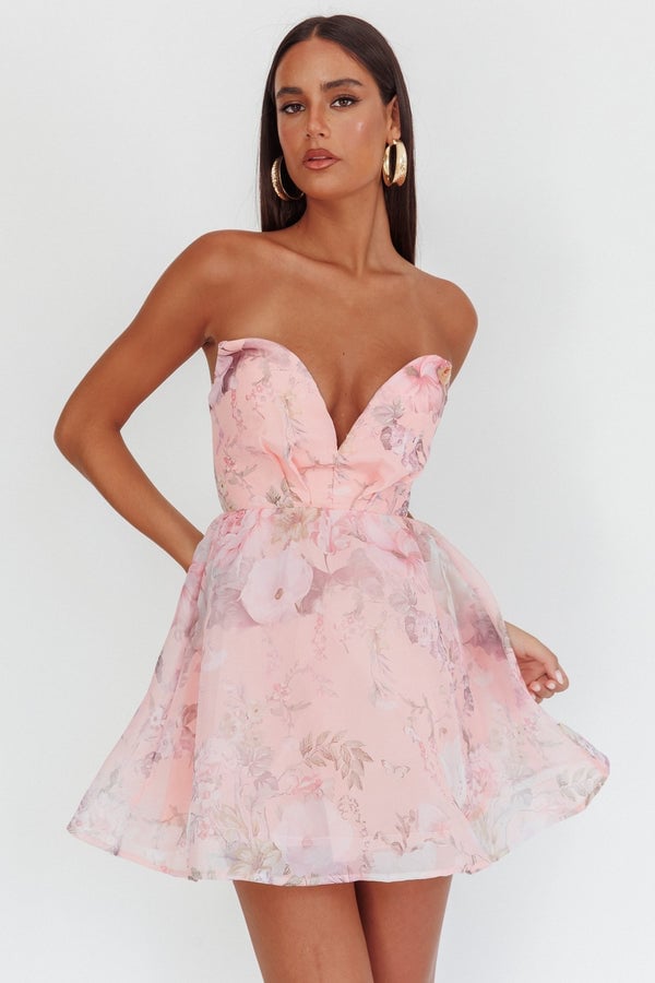 Pink Purple Floral Strapless Fit and Flare Mini Dress Pink Purple Floral Strapless Fit and Flare Mini Dress — Trendy Floral Dress