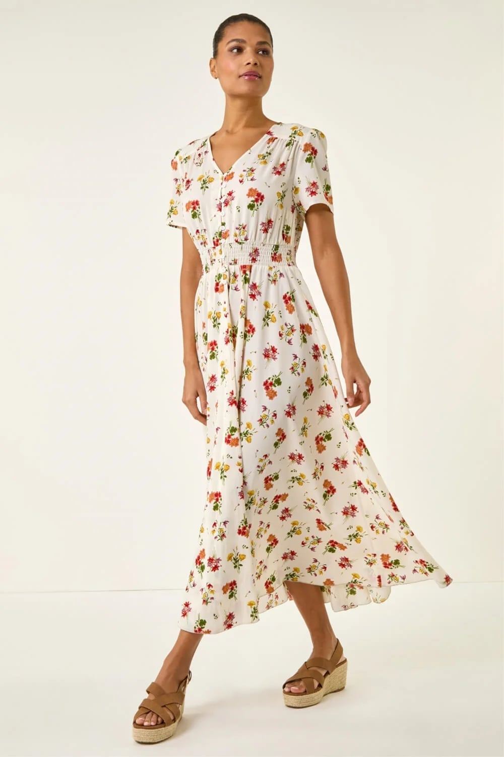 White Red Yellow and Orange Floral Smocked Midi Dress White Red Yellow and Orange Floral Smocked Midi Dress — Trendy Floral Dress