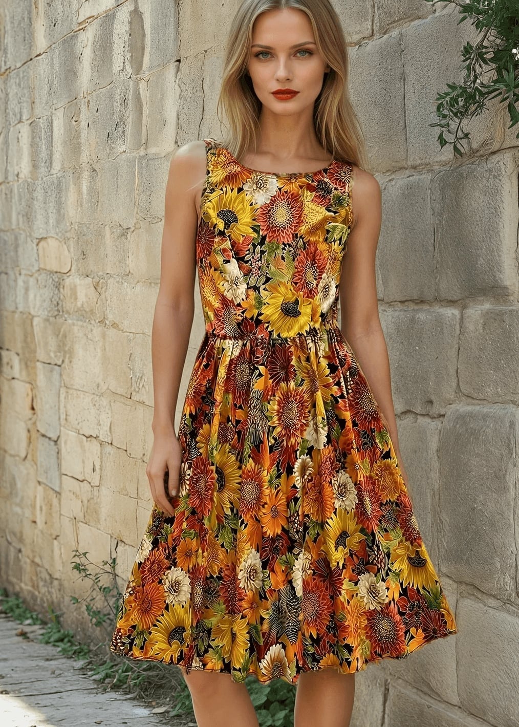 Yellow Orange Red and Black Sunflower Print Dress Yellow Orange Red and Black Sunflower Print Dress — Trendy Floral Dress