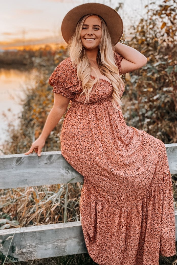 Rust Orange Small Floral Print Puff Sleeve Maxi Dress Rust Orange Small Floral Print Puff Sleeve Maxi Dress — Trendy Floral Dress