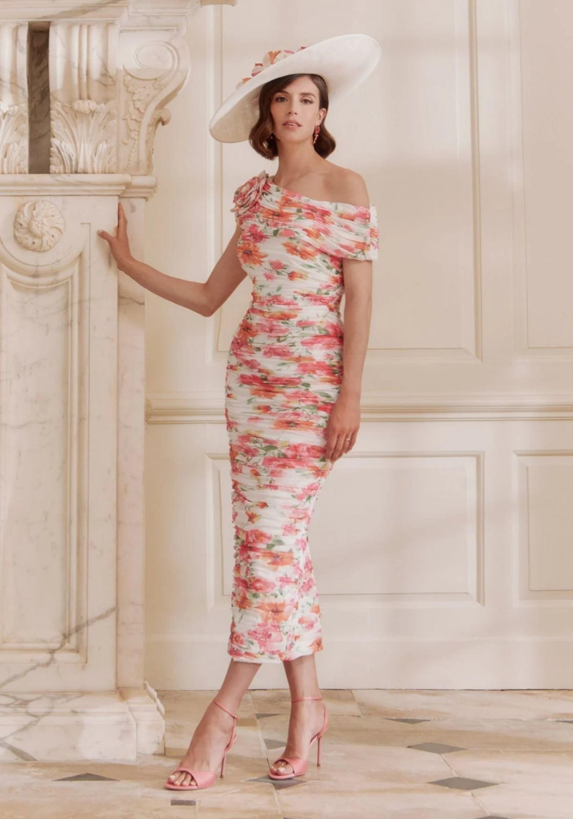 White One-Shoulder Ruched Floral Midi Dress White One-Shoulder Ruched Floral Midi Dress — Trendy Floral Dress
