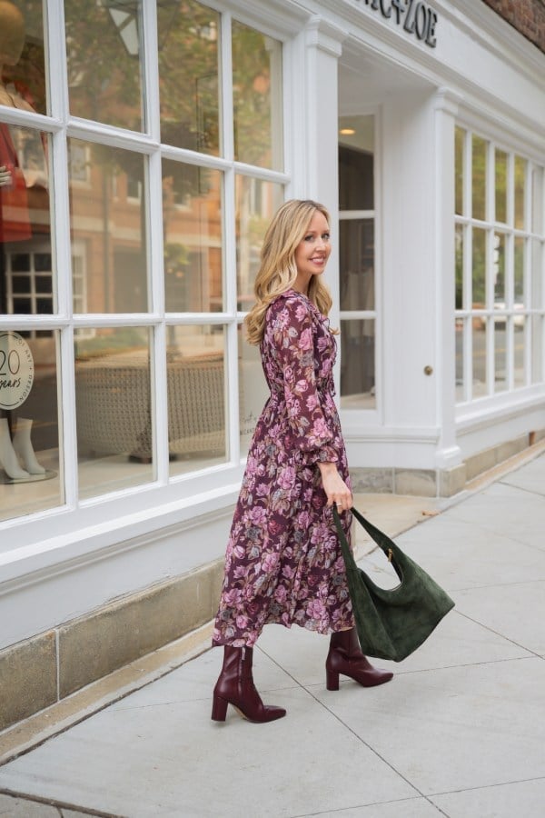 Purple Long-Sleeve Floral Print Midi Dress Purple Long-Sleeve Floral Print Midi Dress — Trendy Floral Dress