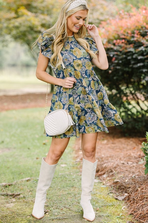 Navy Green and Yellow Floral Mini Dress Navy Green and Yellow Floral Mini Dress — Trendy Floral Dress