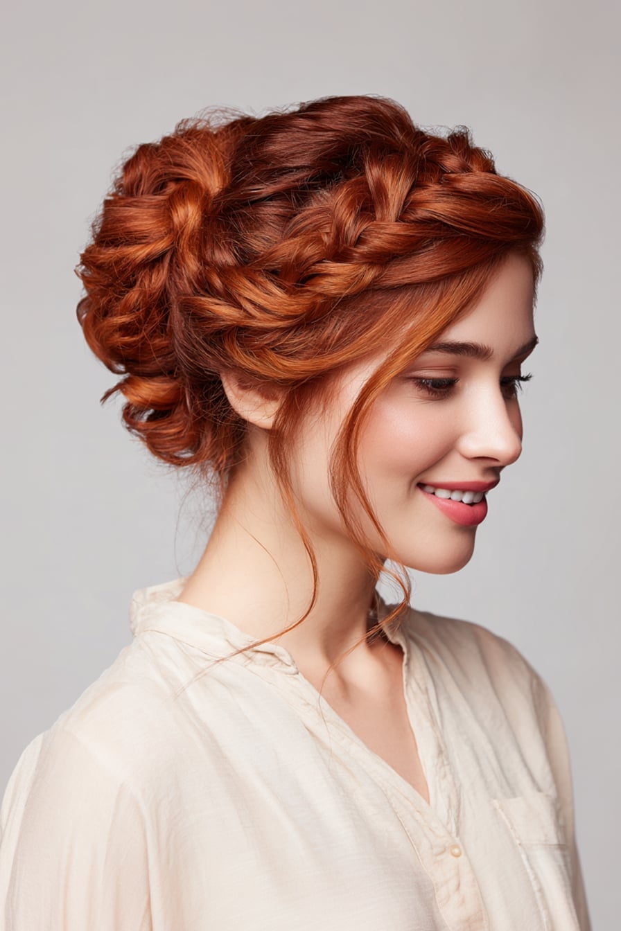 Red Braided Updo With Wispy Bangs Red Braided Updo With Wispy Bangs — Trendy Formal Updos